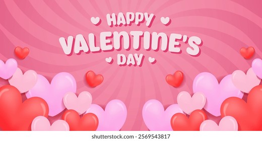 Happy Valentine's day banner background with 3d heart balloons and blank space area for text