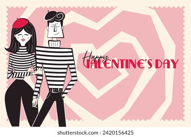 Happy Valentine's Day banner, backround. Horizontal poster with mime couple in trendy retro style of 60s 70s. Vector illustration.