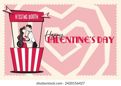 Happy Valentine's Day banner, backround. Horizontal poster with couple in the kissing booth in trendy retro style of 60s 70s. Vector illustration.