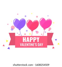 Happy Valentines Day banner with balloons heart shape and ribbon. Romantic greetings. Flat style Vector illustration.