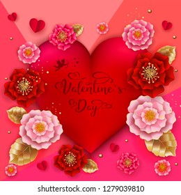 Happy Valentines day banner with beautiful colorful flowers and hearts. Can be used for template, banners, wallpaper, flyers, invitation, posters, brochure, voucher discount. Vector illustration 