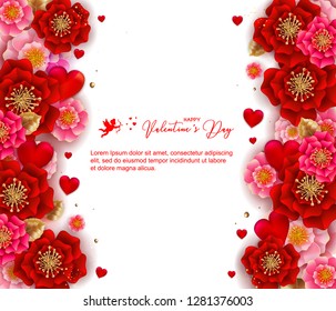 Happy Valentines day banner with beautiful colorful flowers and hearts. Can be used for template, banners, wallpaper, flyers, invitation, posters, brochure, voucher discount. Vector