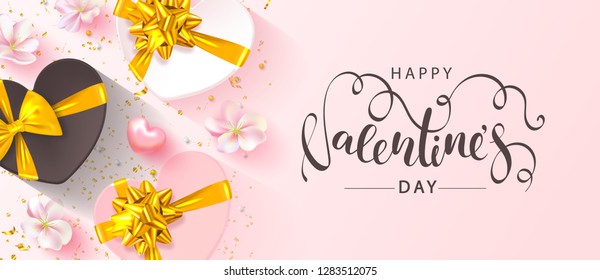 Happy Valentine's Day banner. Beautiful blue Background with flowers, hearts and gift boxes. Vector illustration for postcards,posters, coupons, promotional material.