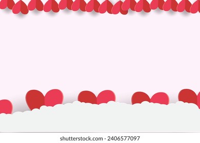 Happy Valentine's Day banner beautiful hearts and clouds paper cut art style vector illustration template