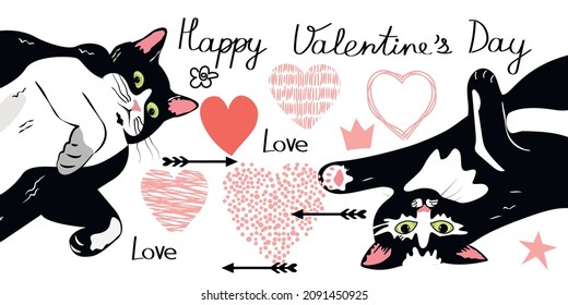 Happy Valentine's Day banner with  black and white cats lying in different poses.Festive background with hearts, arrows and abstract shapes.Vector cartoon isolated illustration in hand drawn style.