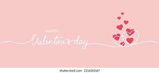 Happy Valentines day banner by lettering continuous single white line with two hearts embrace and red hearts flowing isolated on pastel pink background.