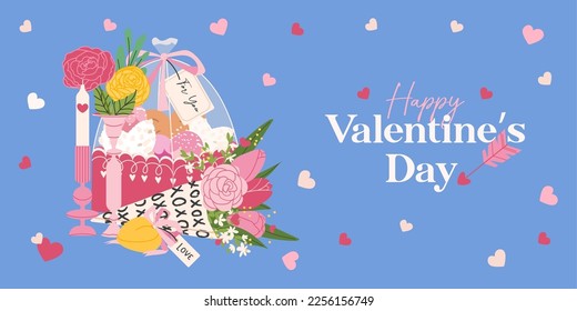 Happy Valentine's Day banner with candy gift box, candle and flower bouquet