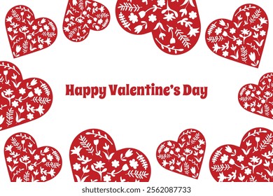 Happy Valentine's Day banner, card, congratulation. Red hearts decorated with flowers. Holiday vector illustration.