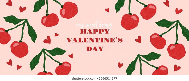 Happy valentines day banner with cherry and hearts. Trendy modern design with grainy texture. Vector illustration , template of web banner, poster, promotional materials, cover artwork