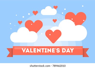 Happy Valentines day banner with clouds and hearts.
