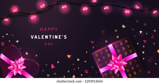 Happy Valentine's day banner concept. Romantic template with shining pink lights hearts garland, realistic gift boxes and confetti. Vector illustration for greeting card, posters, wedding invitation