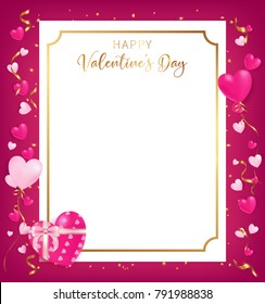 Happy Valentine's Day banner conception as top view position along with heart decor beside boarder and some confettis on ground ,artwork usage in advertising decorative or to celebrate special offer