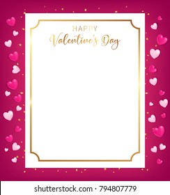 Happy Valentine's Day banner conception as top view position along with heart decor beside boarder and some confetti on ground ,artwork usage in advertising decorative or celebrate for special offer