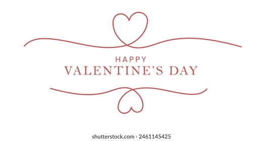 Happy valentines day banner continuous line red hearts isolated on white background. Vector