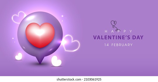 Happy Valentine's day banner with a Creative pin heart shape, love symbols on purple background. Vector illustration.