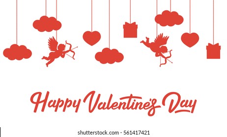 Happy Valentines Day banner with cupids, hearts, gifts and clouds. Lettering. Vector illustration.