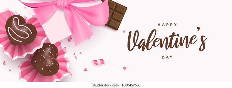 Happy valentine's day banner with cute heart desserts, chocolate bar, gift box background template vector illustration