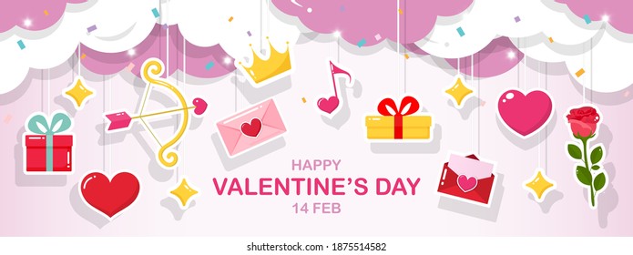 Happy Valentine's Day banner decorated clouds with hanging symbols of love, Gifts, Hearts, Roses, Confetti, and Stars shine isolated on pink background. Cute cartoon style. Vector illustration.