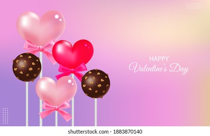 Happy Valentine's day banner design decorated and cute hearts   chocolate pop cakes  Realistic gradient vector design 