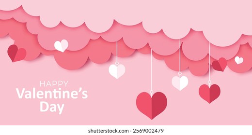 Happy Valentines day banner design with paper cut cloud with hanging love style border frame decoration