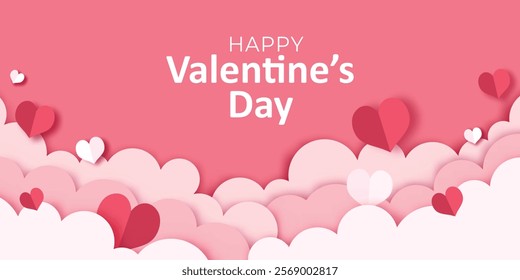 Happy Valentines day banner design with paper cut cloud border frame decoration