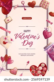 Happy Valentine's day banner design. Lock, key, candy, cookies, arrow, balloons. Vector A4 illustration for poster, banner, cover, flyer, advertisement.