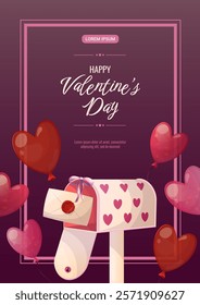 Happy Valentine's Day banner design. An open mailbox with a love letter and balloons. Vector illustration in A4 format for posters, banners, covers, flyers, and advertisements.