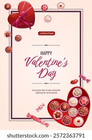 Happy Valentine's day banner design. Chocolates, lollipops, sweets. Vector A4 illustration for poster, banner, cover, flyer, advertisement.