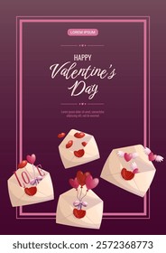 Happy Valentine's day banner design on a burgundy background. Open letters with hearts, kisses, and balloons flying out of them. Vector A4 illustration for poster, cover banner, flyer, advertisement.