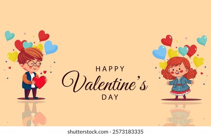 Happy Valentine's Day Banner Design with Cute Boy and Girl Holding Hearts, Balloons on Yellow Background.