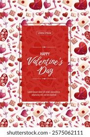 Happy Valentine's day banner design. Lock, key, candy, cookies, arrow, balloons. Vector A4 illustration for poster, banner, cover, flyer, advertisement.