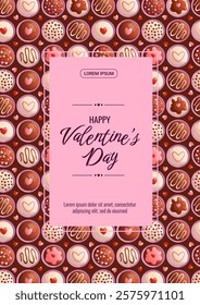 Happy Valentine's Day banner design. Candies, chocolates, sweets. Vector illustration in A4 format for posters, banners, covers, flyers, and advertisements.