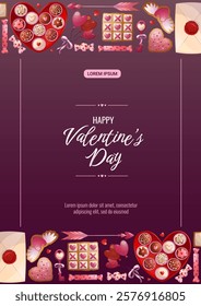 Happy Valentine's day banner design. Lock, key, candy, cookies, arrow, balloons. Vector A4 illustration for poster, banner, cover, flyer, advertisement.