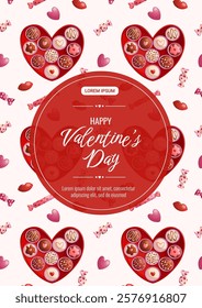 Happy Valentine's day banner design. Candies, chocolates, sweets. Vector A4 illustration for poster, banner, cover, flyer, advertisement.