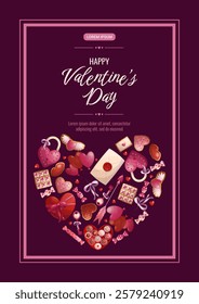 Happy Valentine's day banner design. Lock, key, candy, cookies, arrow, balloons. Vector A4 illustration for poster, banner, cover, flyer, advertisement.