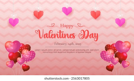 Happy Valentine's Day banner featuring realistic glossy pink hearts balloons. Ideal for cards, parties, designs, flyers, posters, decorations, banners, websites, and advertising.