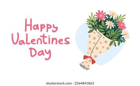 Happy Valentines day banner with flowers bouquet. Hand drawn lettering. February 14 celebration of romantic background. Feelings of love and care. Festive congratulations. Vector flat illustration.