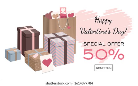 Happy Valentine's Day banner or flyer. Gifts isolated on white background. Isometric Vector Illustration
