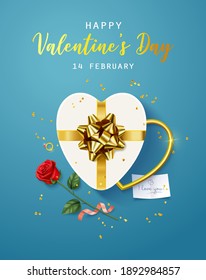 Happy Valentine's Day. Banner, flyer, poster, greeting card with realistic design elements, gift box, metal hearts,rose, strewn with confetti. Romantic background