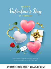 Happy Valentine's Day Banner, flyer, poster, greeting card with realistic design elements, gift box, metal hearts, balloons in the shape of heart, strewn with confetti. Romantic background
