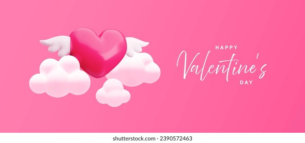 Happy Valentines Day banner, flying 3d red heart with wings and pastel pink clouds on pink background. Trendy realistic 3d cartoon romantic illustration for greeting banner, sale design, web template.