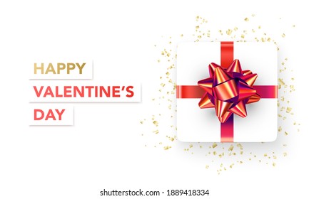 Happy Valentines Day banner with gift and serpantine. Vector illustration