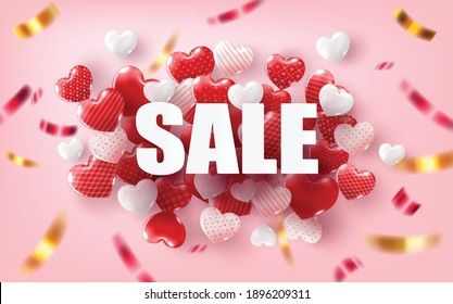 Happy Valentine's Day banner with  gift box and hearts balloons.Vector illustration.