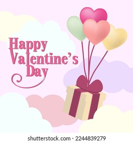 Happy Valentine's Day banner gift balloons floating in the sky. There were colorful clouds, vector text, pink pastel background.