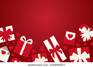 Happy Valentines Day banner with gift boxes, hearts, envelopes, bows on red background