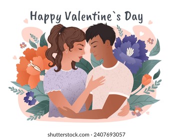 Happy Valentines Day banner. A girl and a guy in an embrace. Showing tenderness and love. Beautiful romantic hand-drawn illustration with flowers.