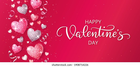 Happy Valentine's day banner. Glitter hearts decoration on red background. Confetti and ribbons. Hand drawn Valentine text. Great for greeting cards, party posters, invitations. Vector. 