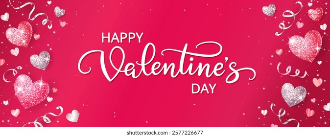 Happy Valentine's day banner. Glitter hearts decoration on red background. Confetti and ribbons. Hand drawn Valentine text. Great for greeting cards, party posters, invitations. Vector. 