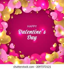 Happy Valentines Day banner with glossy 3d hearts. Romantic event, sale wallpaper, background, brochure template with heart shaped balloons realistic vector illustration