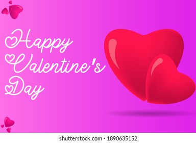 Happy valentine's day banner or greeting card with typography and realistic red love isolated on pink background vector design